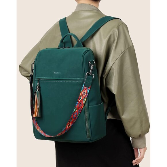 Women's Dark Green Suede Style Backpack Designer 15.6 inch PU Leather Laptop Bag - Picture 2 of 9